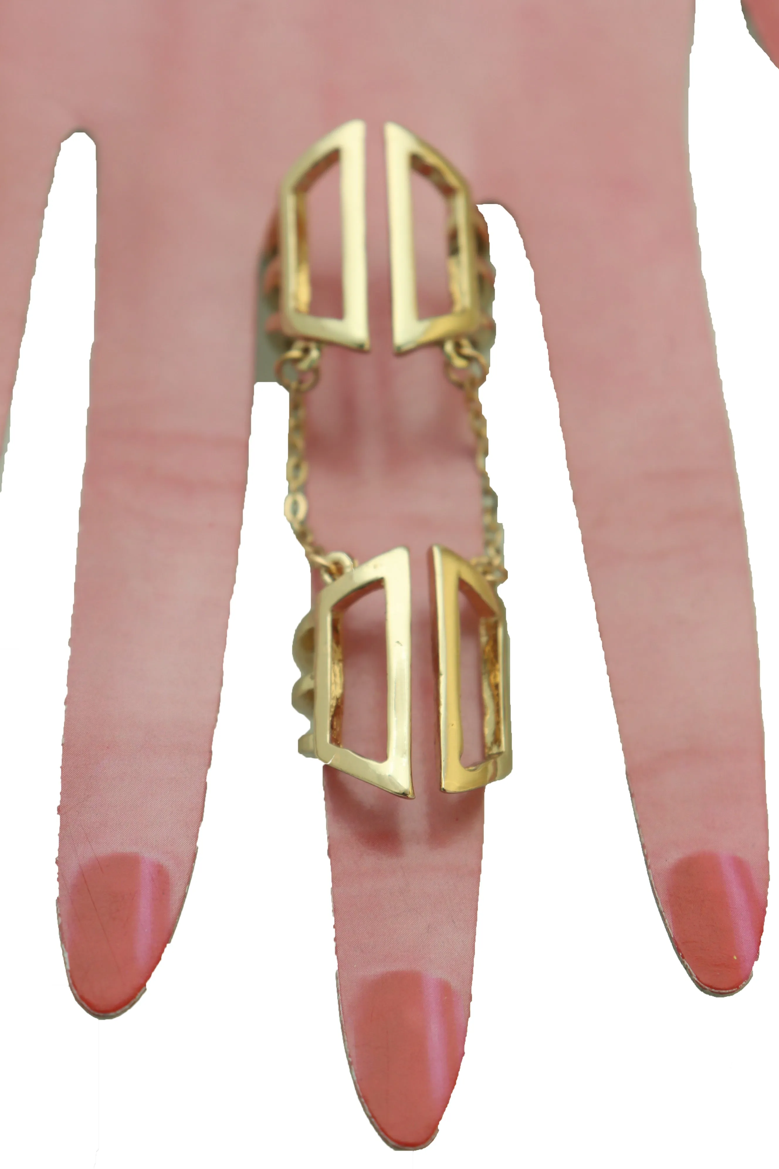 Women Gold Cuff Ring Metal Long Finger Double Adjustable Band Up to Size 9