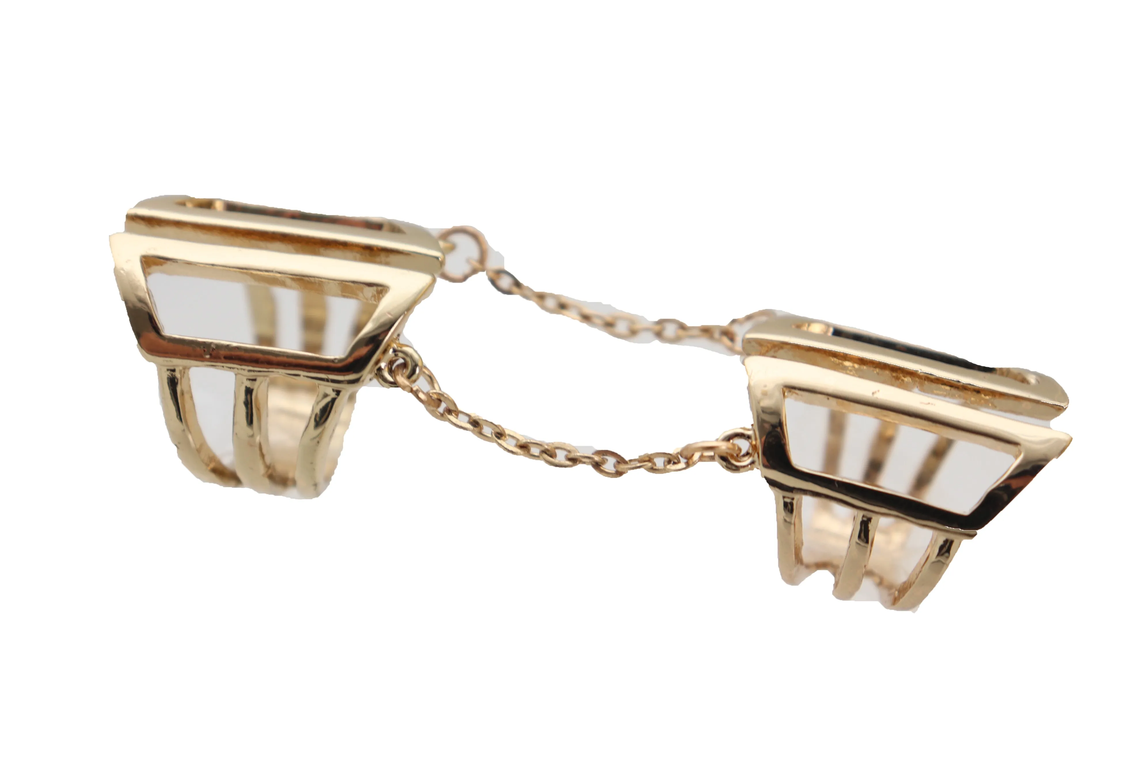 Women Gold Cuff Ring Metal Long Finger Double Adjustable Band Up to Size 9