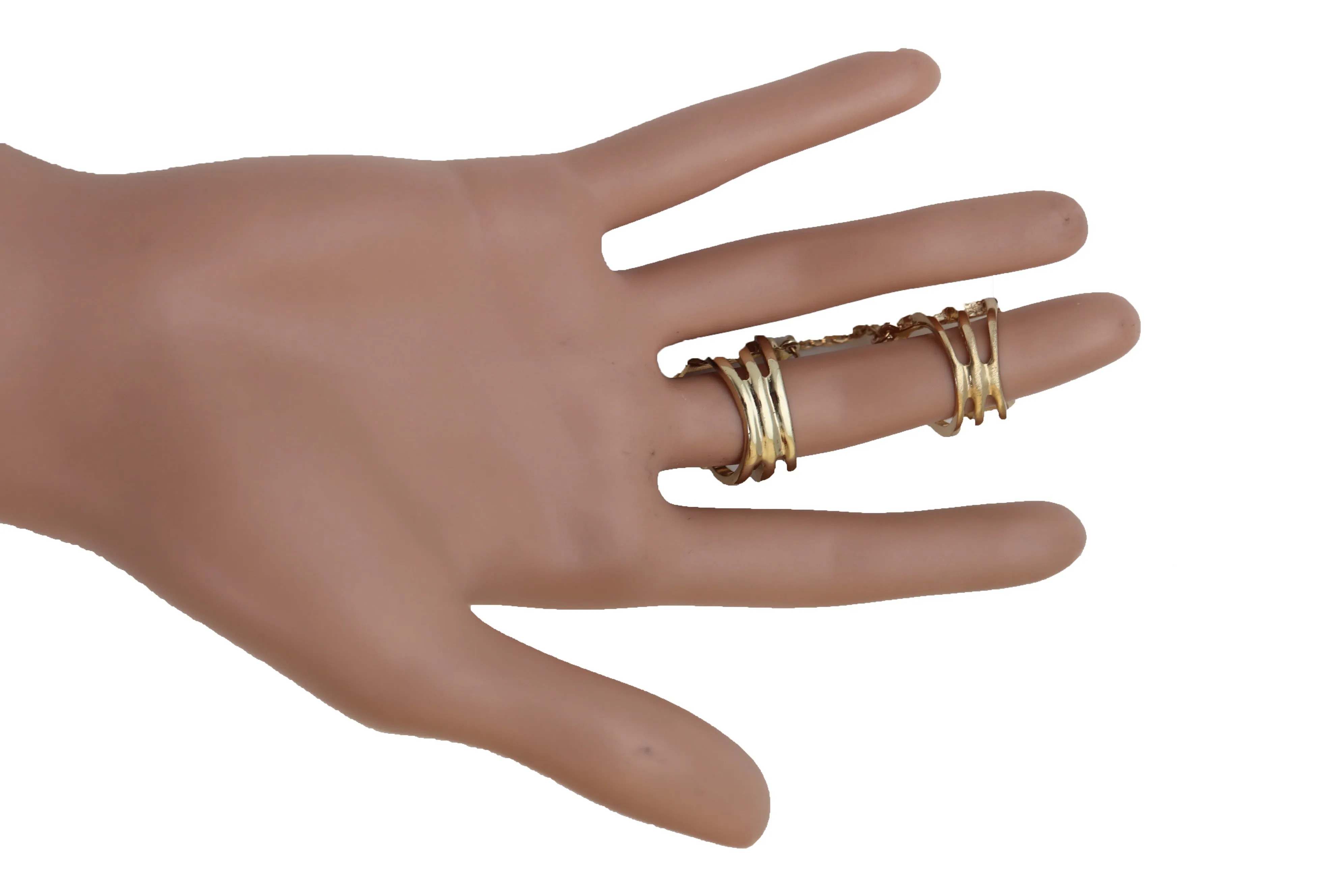 Women Gold Cuff Ring Metal Long Finger Double Adjustable Band Up to Size 9