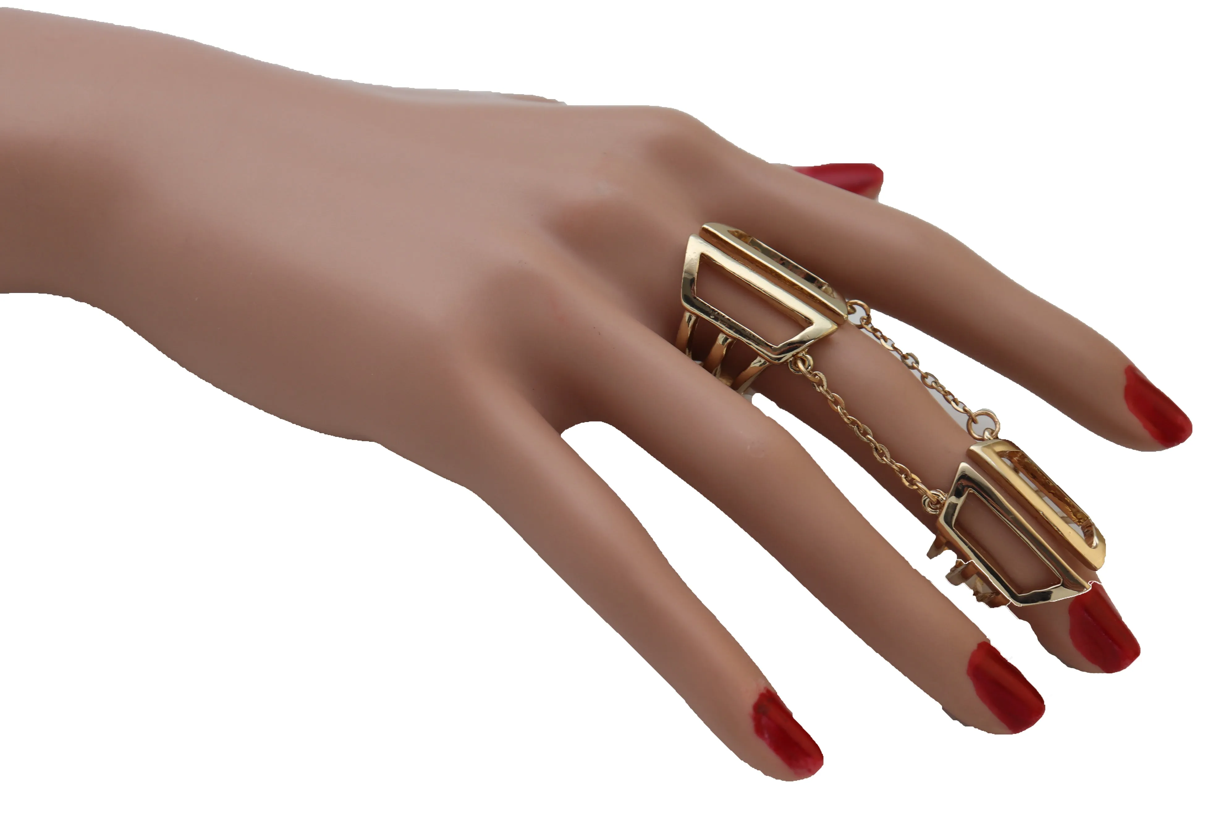 Women Gold Cuff Ring Metal Long Finger Double Adjustable Band Up to Size 9