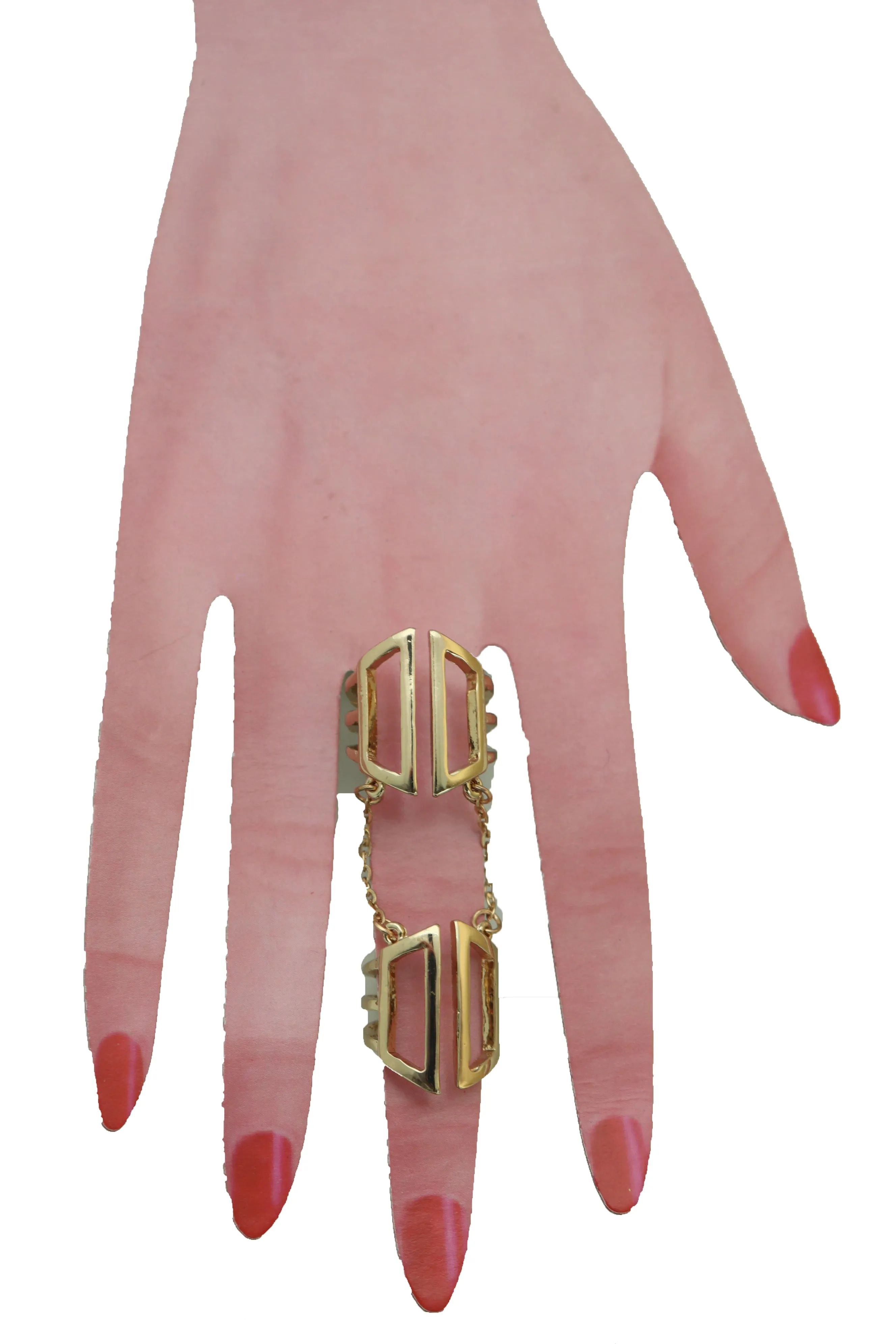 Women Gold Cuff Ring Metal Long Finger Double Adjustable Band Up to Size 9