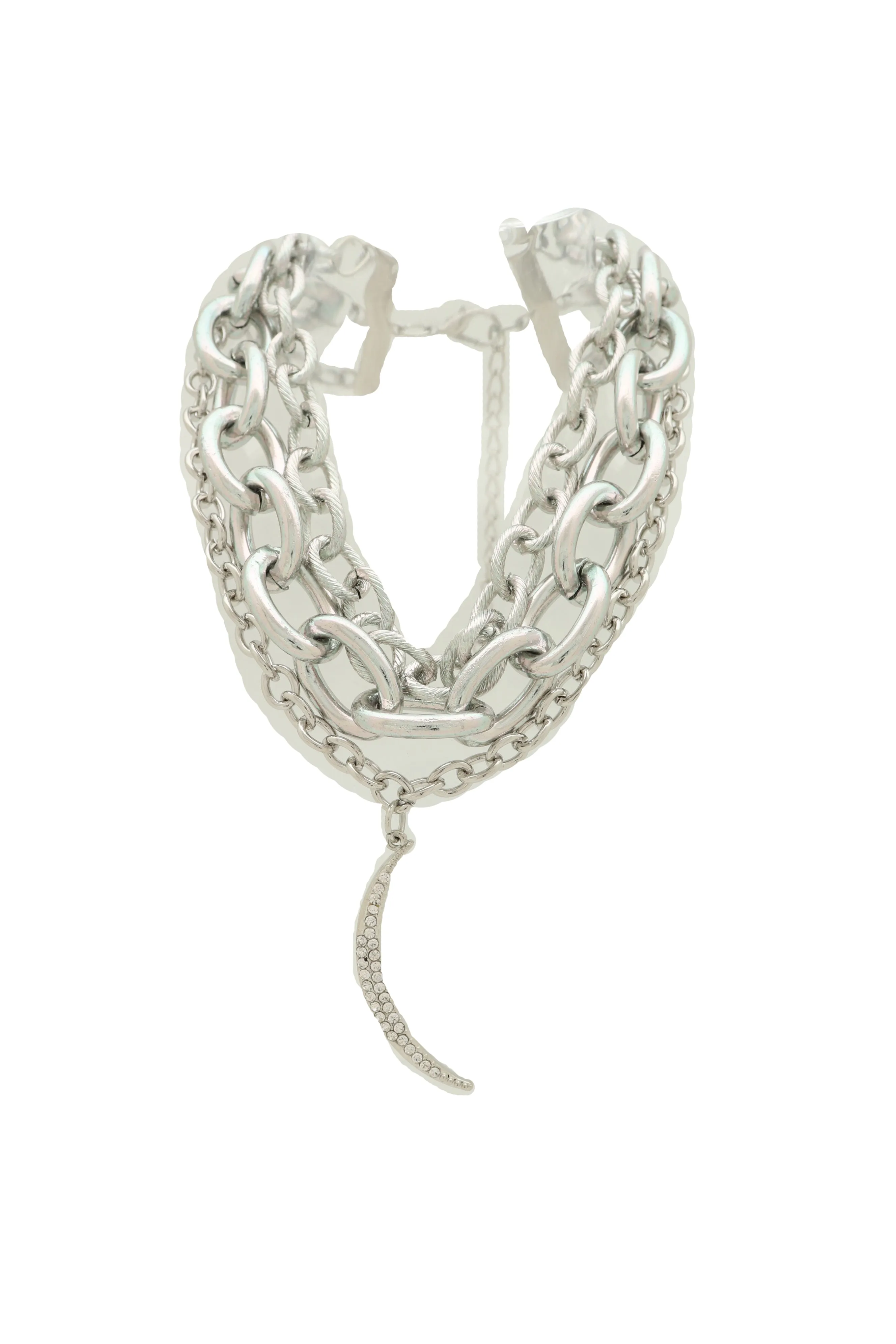 Women Multi Strands Silver Metal Chain Links Bib Fashion Short Necklace Moon Pendant Gorgeous Style