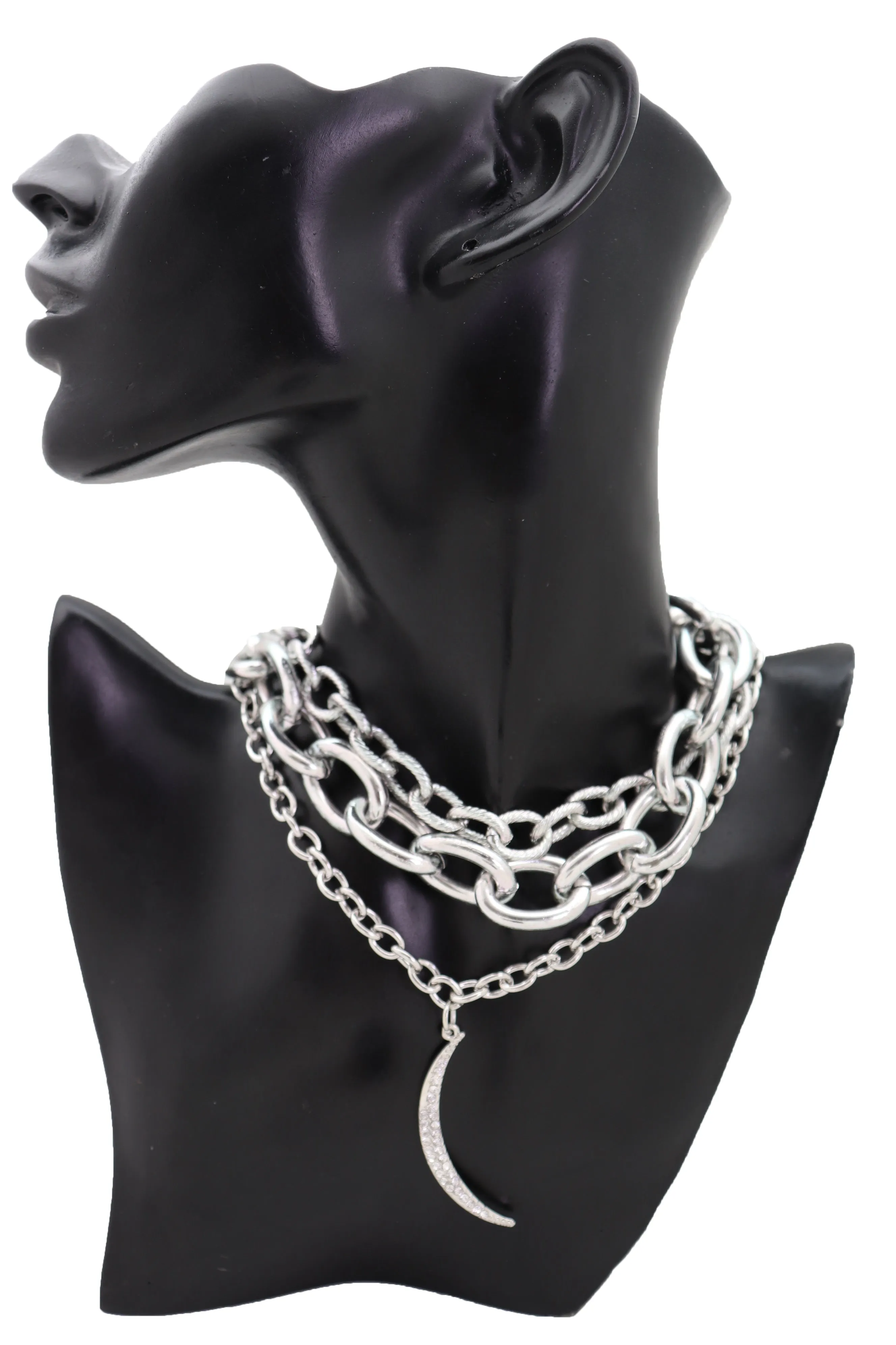 Women Multi Strands Silver Metal Chain Links Bib Fashion Short Necklace Moon Pendant Gorgeous Style