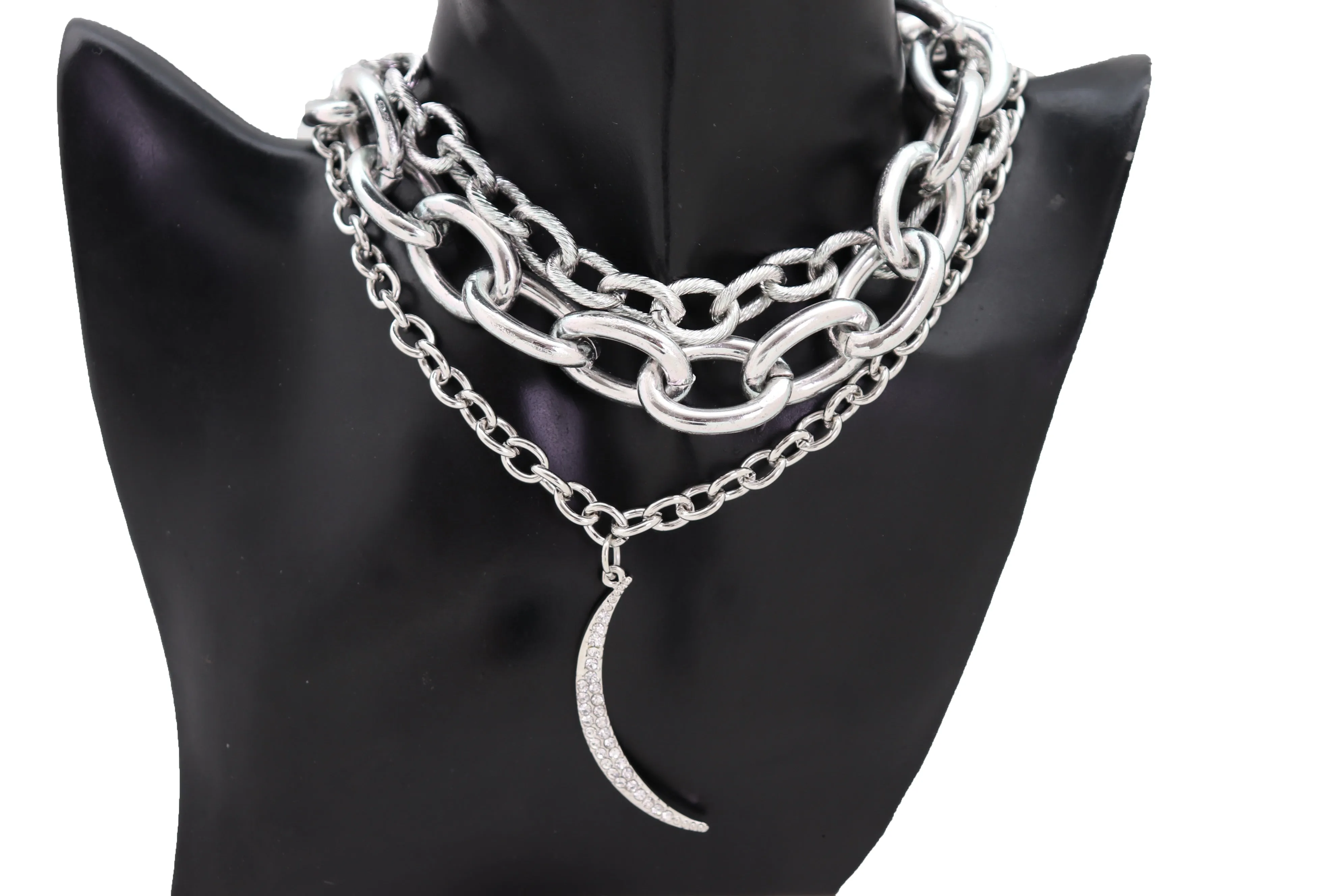 Women Multi Strands Silver Metal Chain Links Bib Fashion Short Necklace Moon Pendant Gorgeous Style