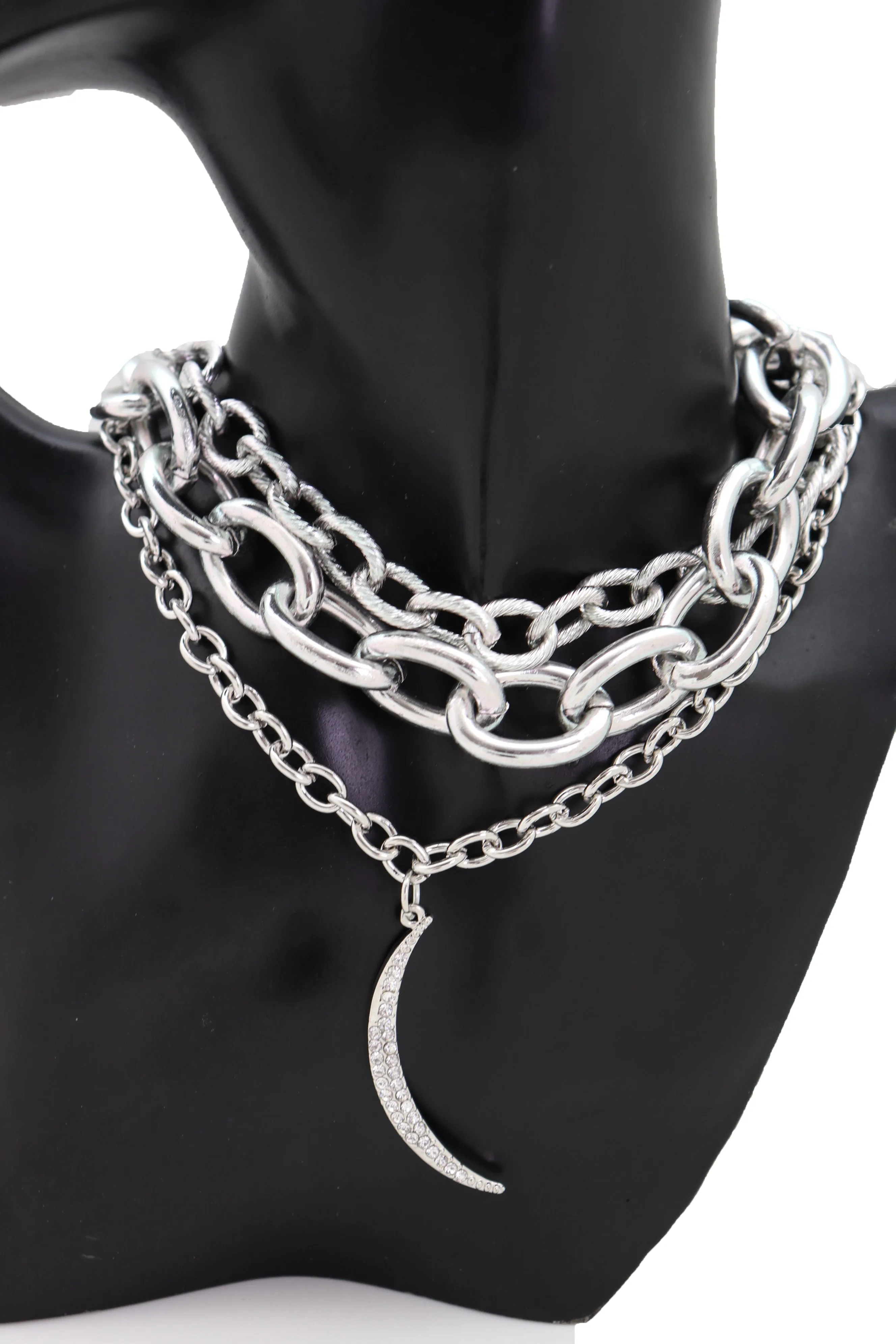 Women Multi Strands Silver Metal Chain Links Bib Fashion Short Necklace Moon Pendant Gorgeous Style