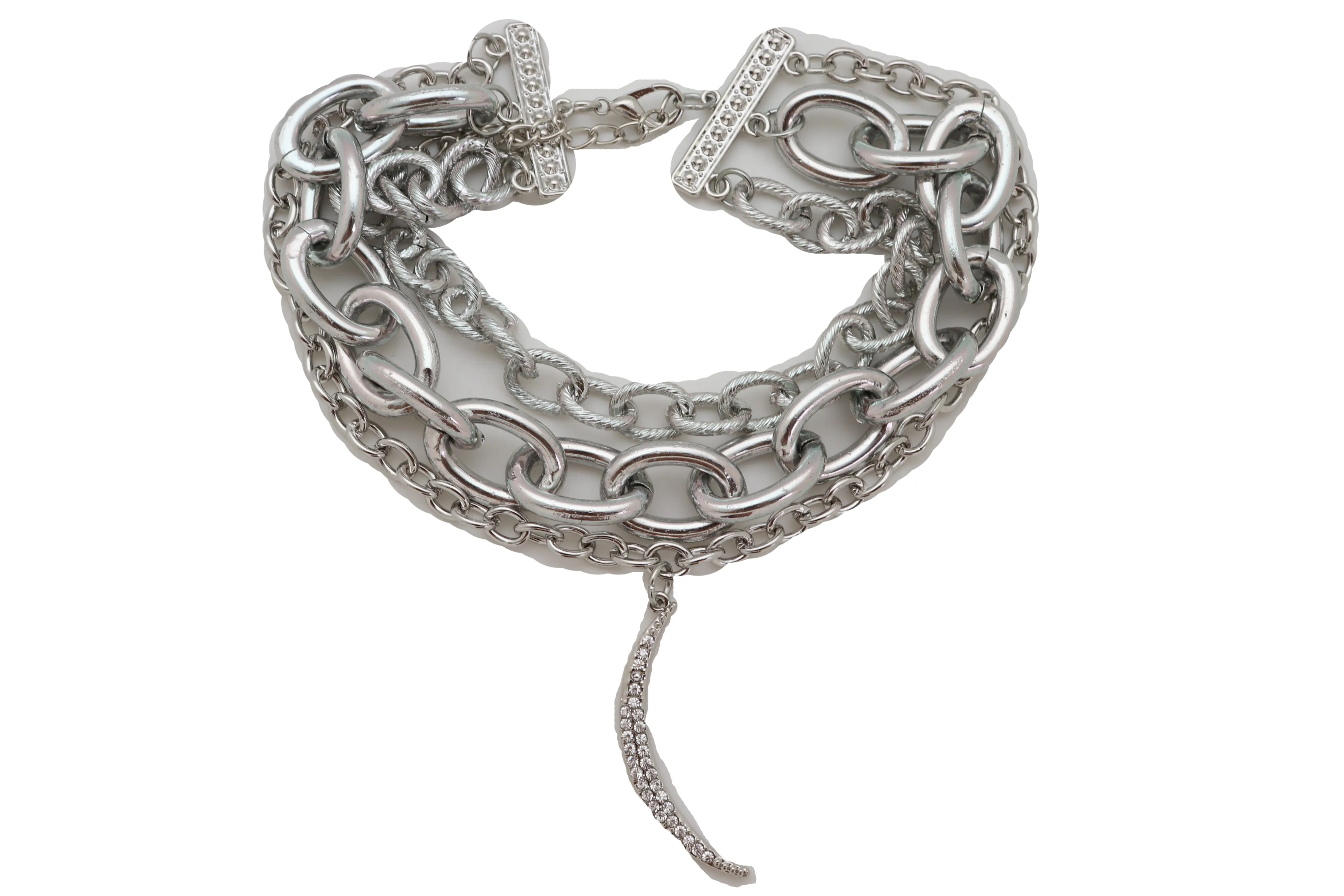 Women Multi Strands Silver Metal Chain Links Bib Fashion Short Necklace Moon Pendant Gorgeous Style