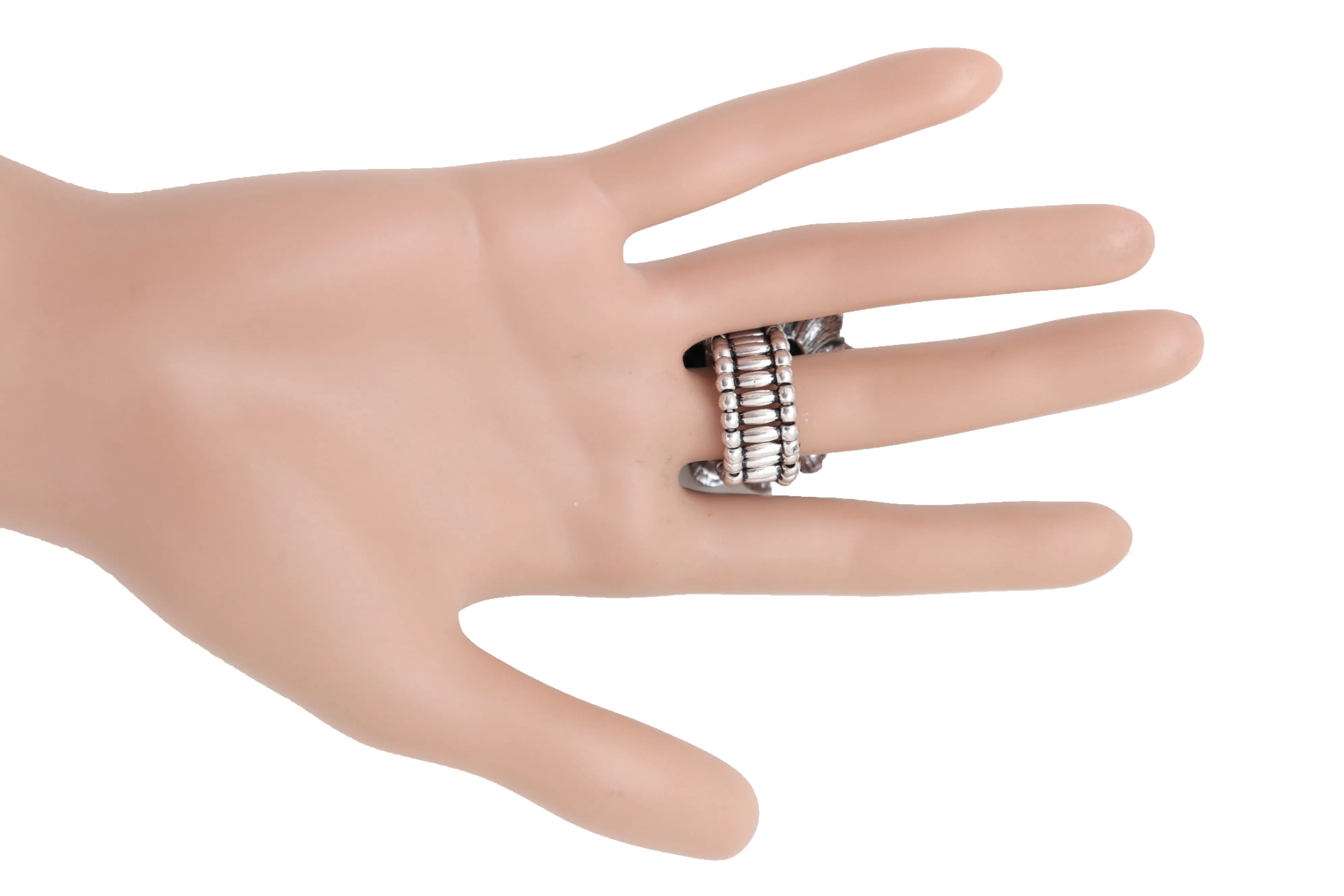 Women Silver Metal Flower Fashion Ring Jewelry Filigree Charm Elastic Band One Size Fits All