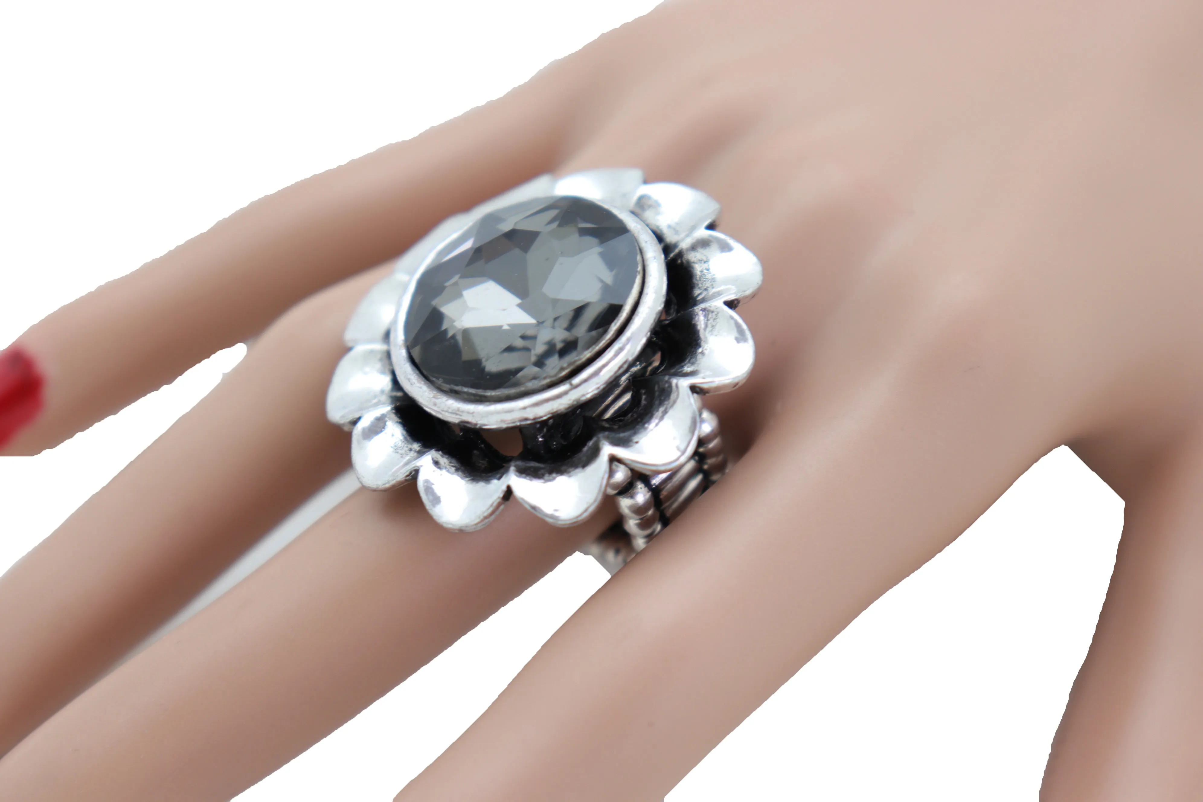 Women Silver Metal Flower Fashion Ring Jewelry Filigree Charm Elastic Band One Size Fits All