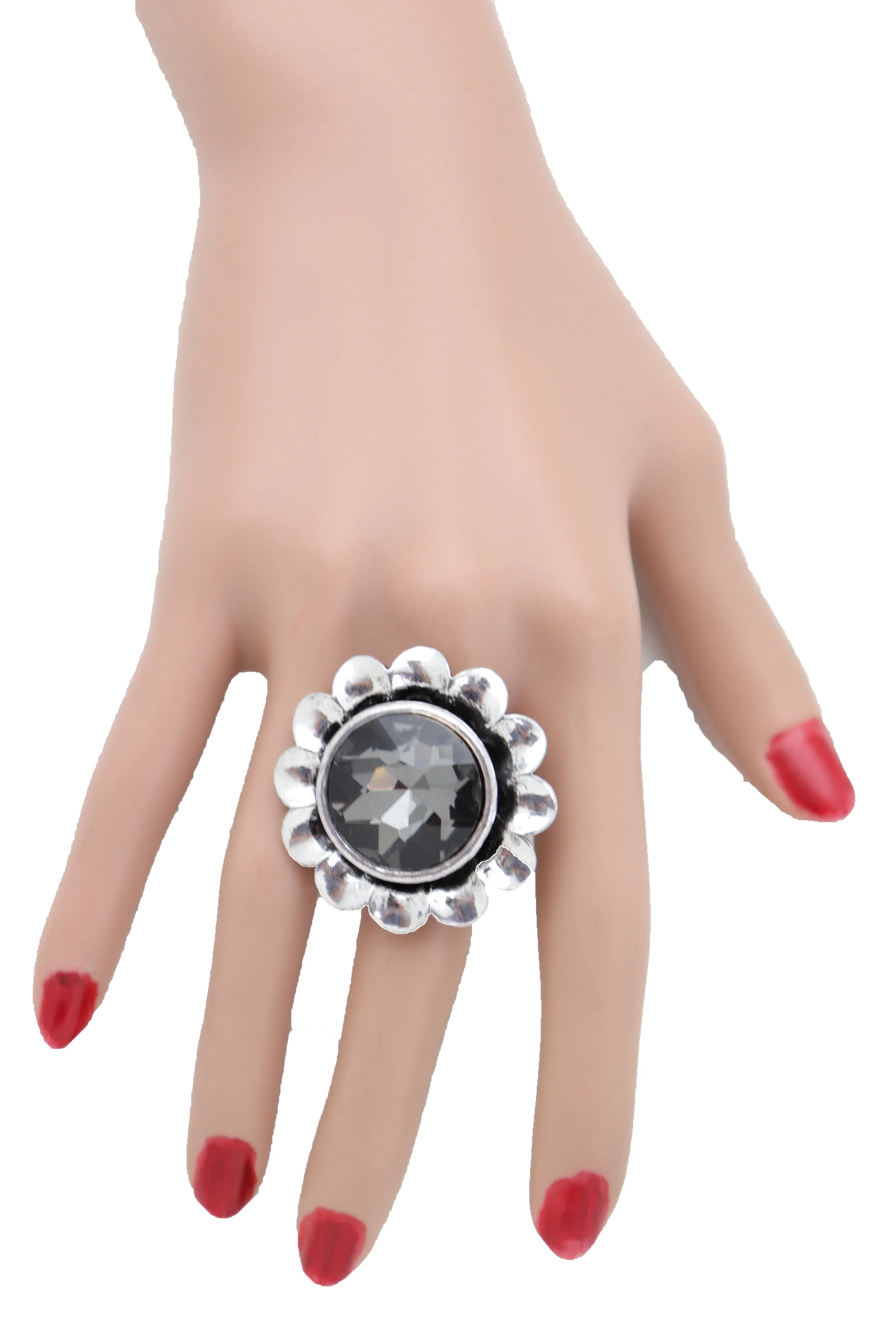 Women Silver Metal Flower Fashion Ring Jewelry Filigree Charm Elastic Band One Size Fits All