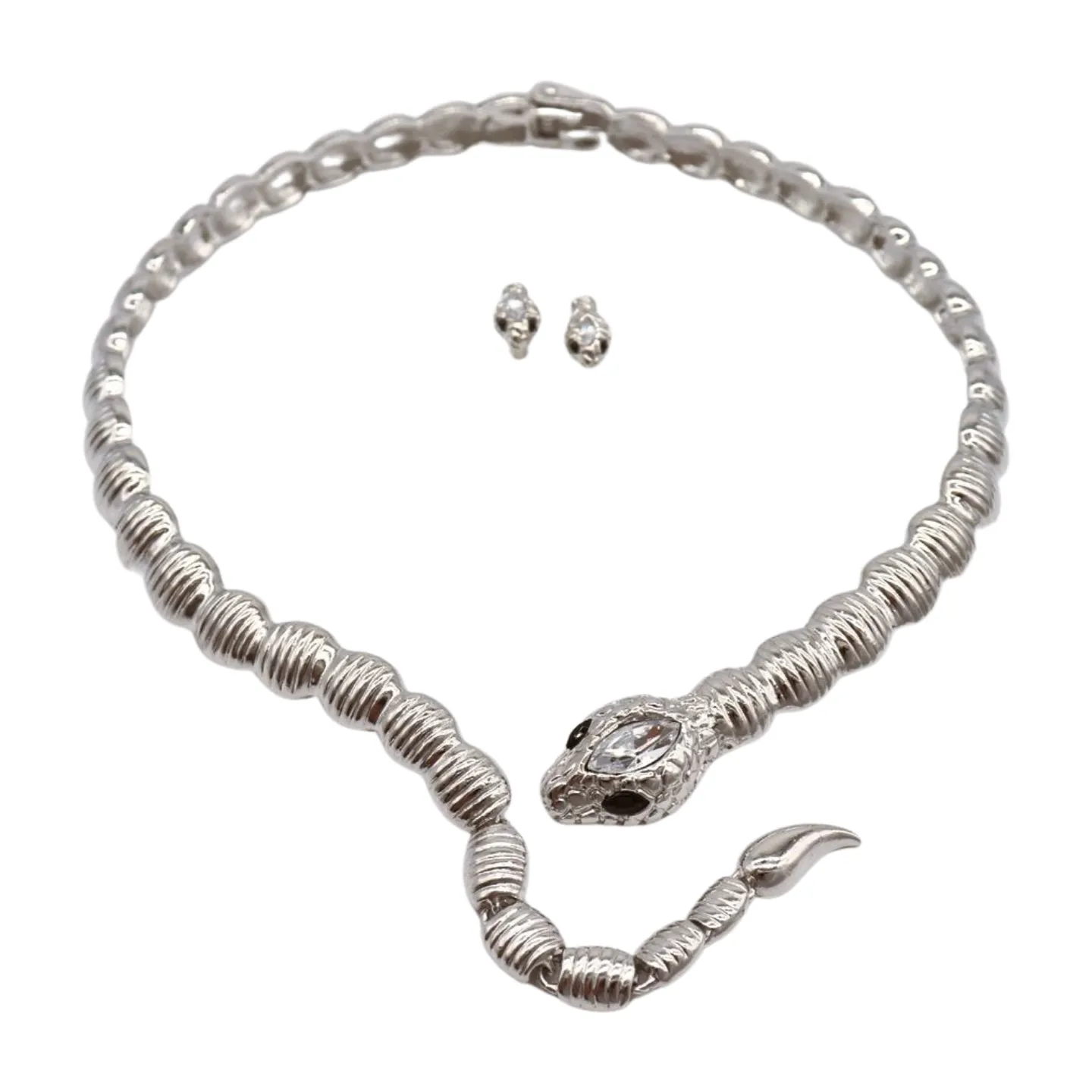 Women Silver Metal Wrap Around Cobra Snake Short Necklace