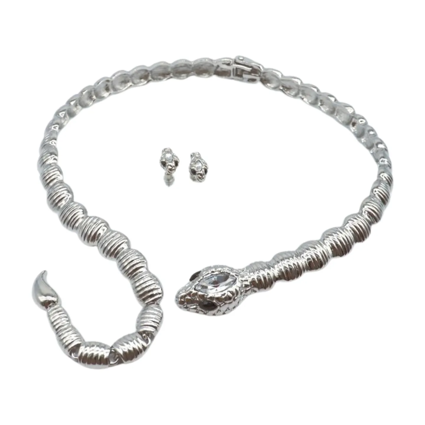 Women Silver Metal Wrap Around Cobra Snake Short Necklace